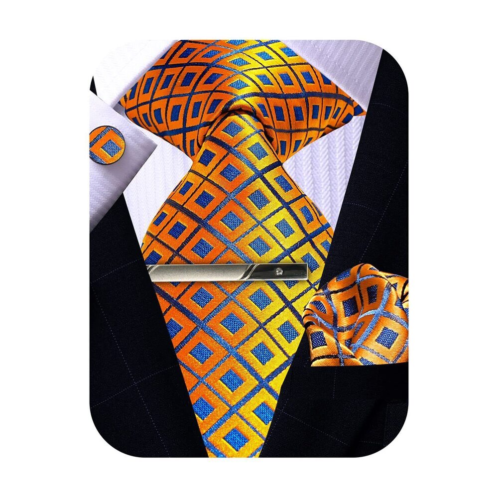 6046 Plaid Silk Tie and Pocket Square Cufflinks Clip Set, Designer Woven
